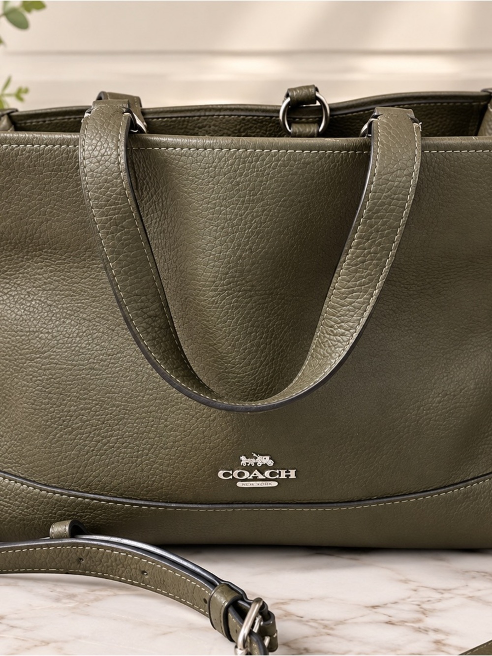 Coach Olive Pebbled Leather Tote with Removable Strap